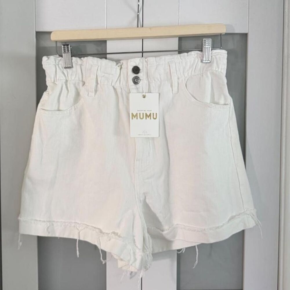Show Me Your Mumu White Paperbag Cinched Waist Denim Shorts Size Large